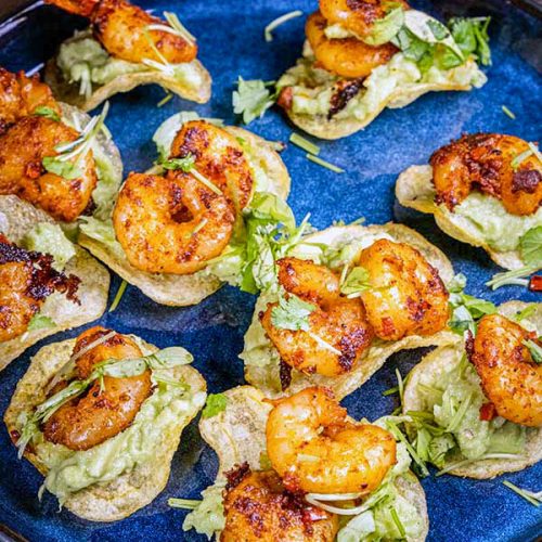 Garlic Shrimp and Avocado Bites crostini chips snacks