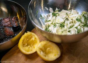 Cod in soy marinade on a fennel bed apple lemon