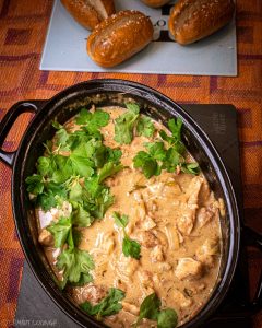 Lovely mustard chicken stew Dijon wine herbs