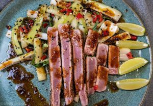 Seared Tuna Teriyaki and Pak Choi garlic cucumber sesame chili