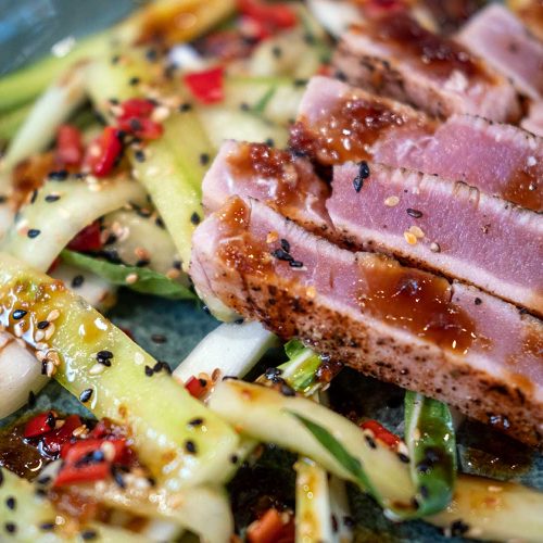 Seared Tuna Teriyaki and Pak Choi garlic cucumber sesame chili