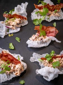 Tuna in fried rice paper cups bacon cilantro snack