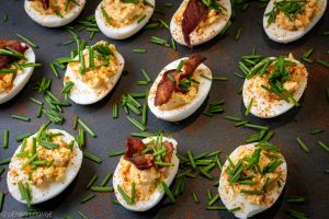 Hot Deviled Eggs with Bacon tabasco dijon cayenne