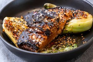 Marinated Salmon with Pak Choi garlic lemon soy sesame