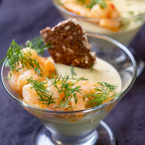 Avocado Panna Cotta with Shrimps cayenne