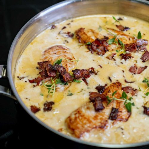 Chicken stew with parmesan and wine Dijon mustard bacon