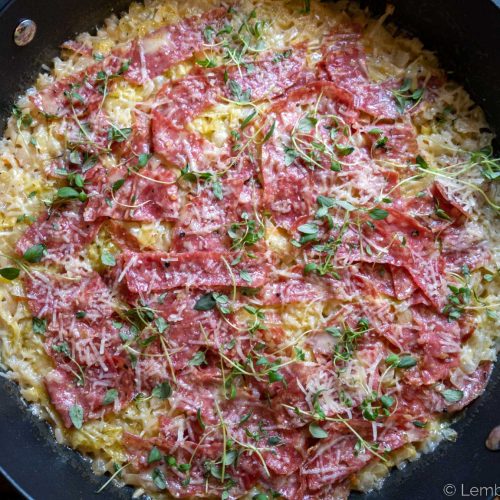 Baked Risotto with Fennel Salami wine garlic parmesan creamy