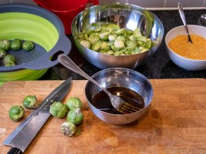 Roasted Brussels Sprouts with Ponzu and lemon parmesan mayo