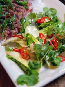 Seared Tuna with Lovely Dressing glass noodles goma wakame