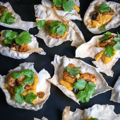 Curry-Mango prawn papadum's bites chutney crunchy curry madras easy