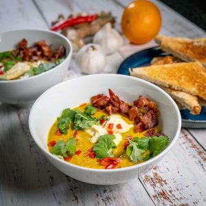 CARROT GINGER AND CORIANDER SOUP bacon orange fraiche garlic toasted bread