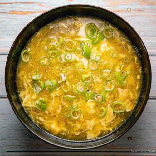Egg drop soup with chicken garlic ginger scallions turmeric stock broth quick easy