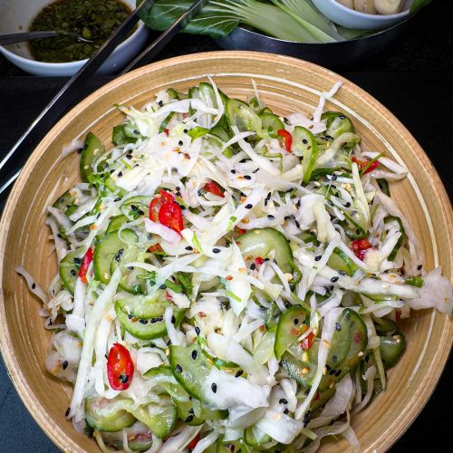 pickled cucumber and cabbage salad with Asian flavors, crunchy and delicious